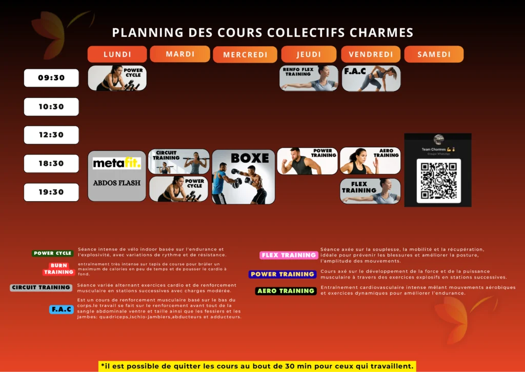 Planning et emploi du temps des cours collectifs - salle de sport à Charmes